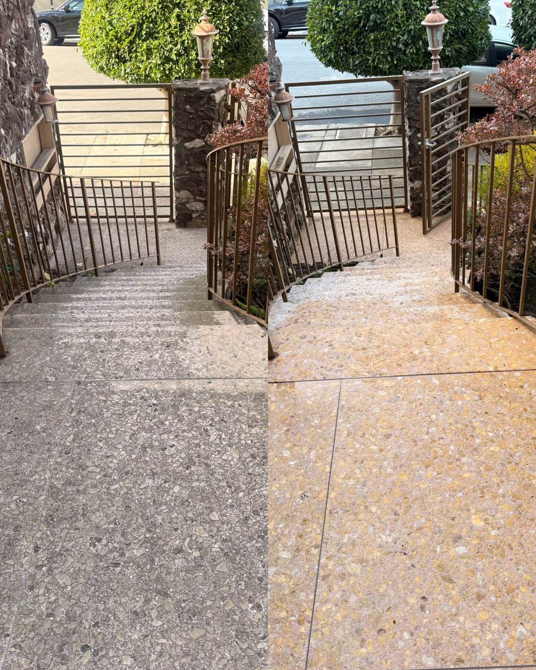 Exposed-aggregate entry steps and walkway, before and after pressure washing — dull grey grime on the left, clean stone colour restored on the right