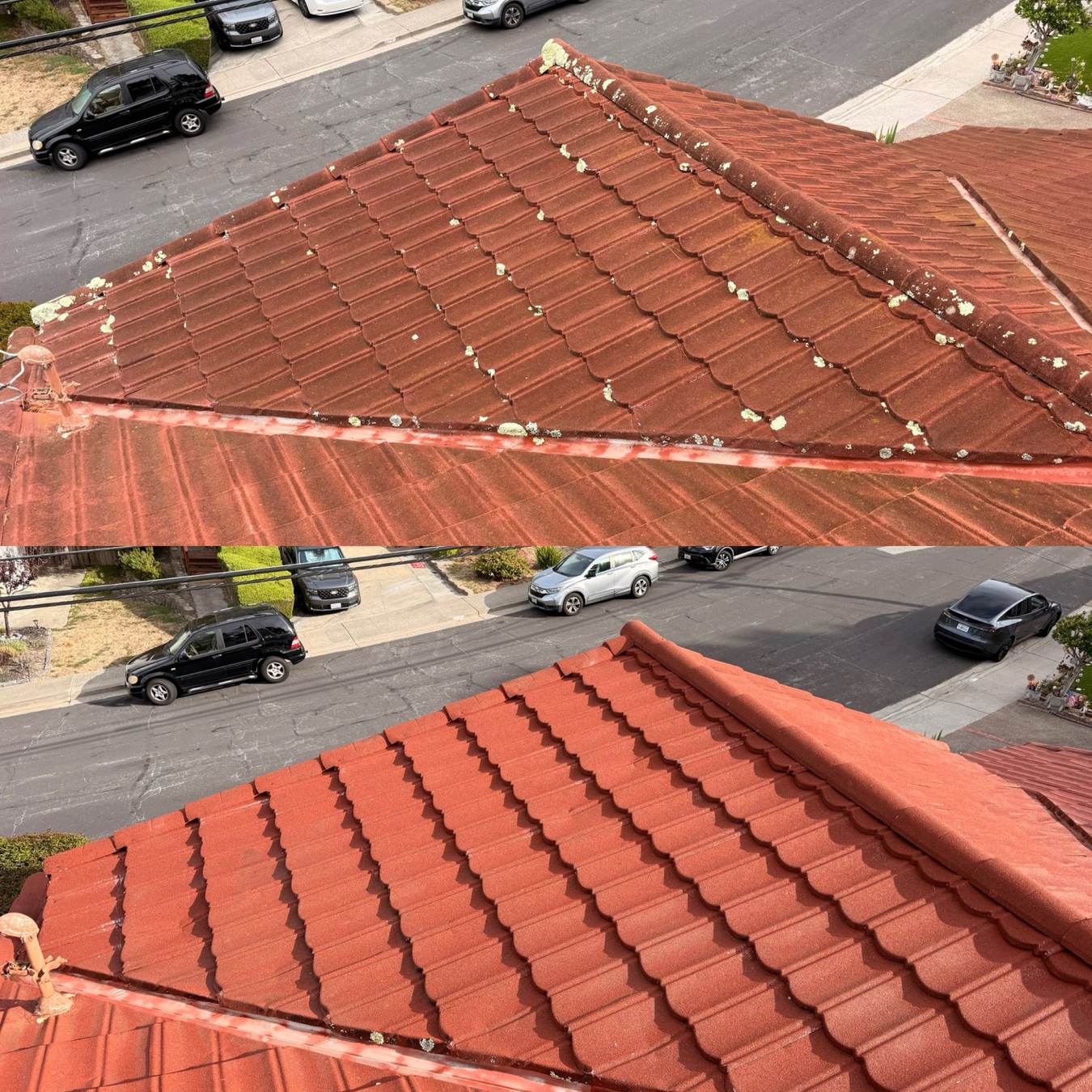 Red tile roof before and after soft washing — patches of pale lichen and moss along the tiles and ridge above, clean even red tiles below
