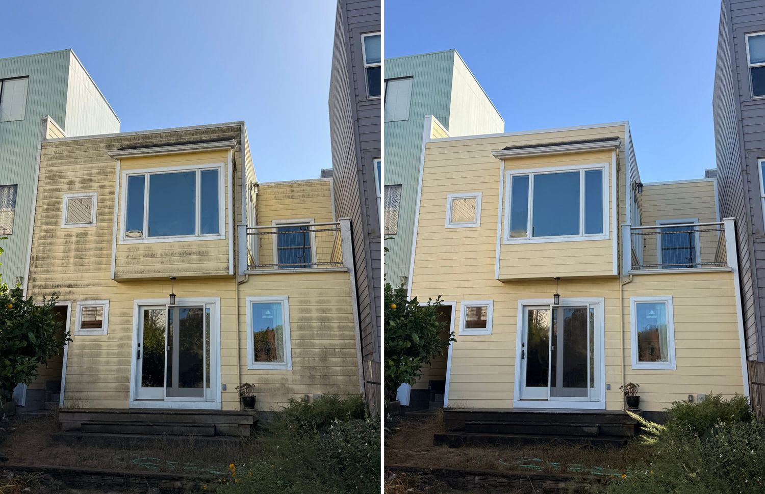 Yellow lap-siding house, before and after soft washing — dark mildew streaks across the siding on the left, clean even siding and white trim on the right